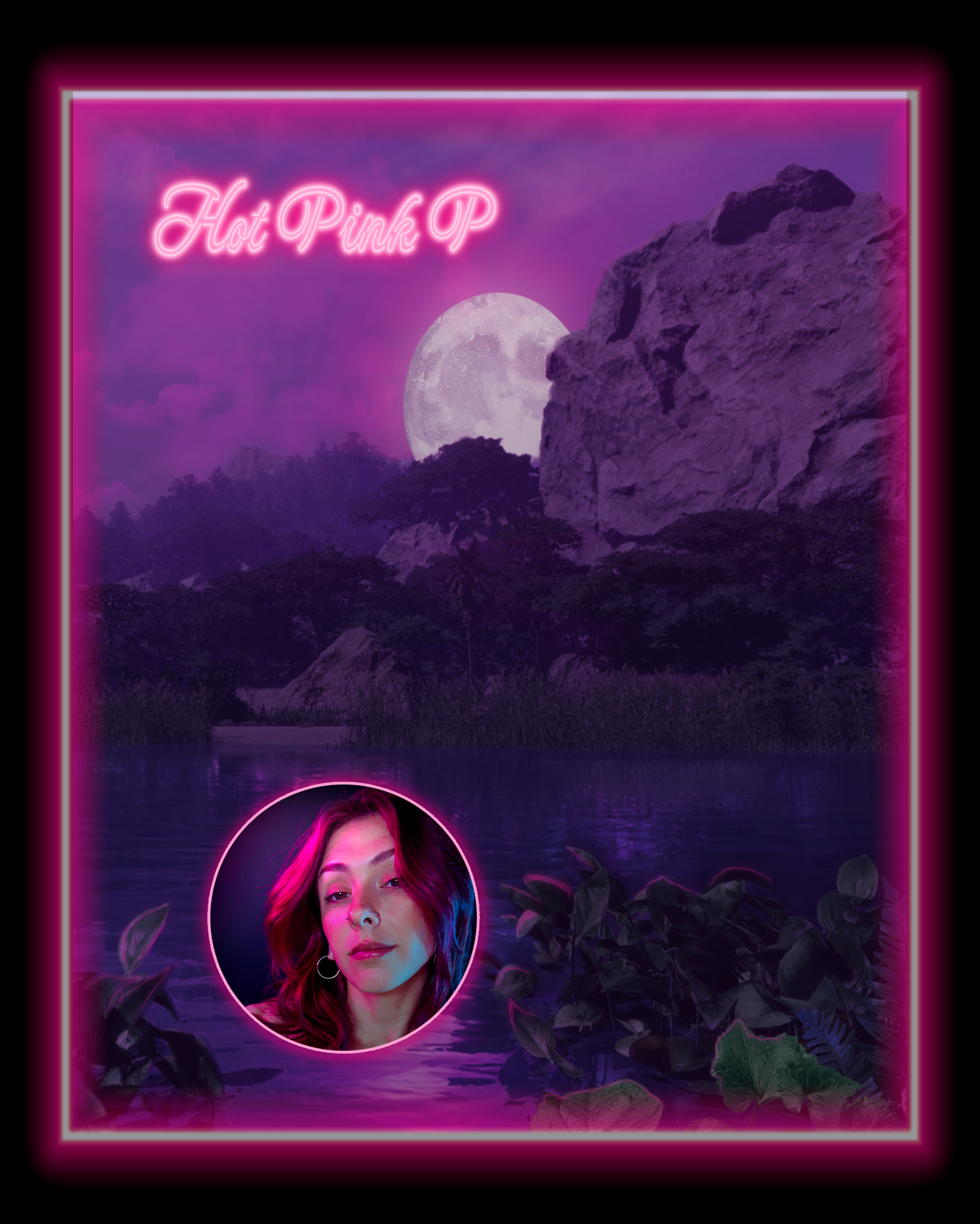 HotPinkP creator portrait in a neon jungle frame